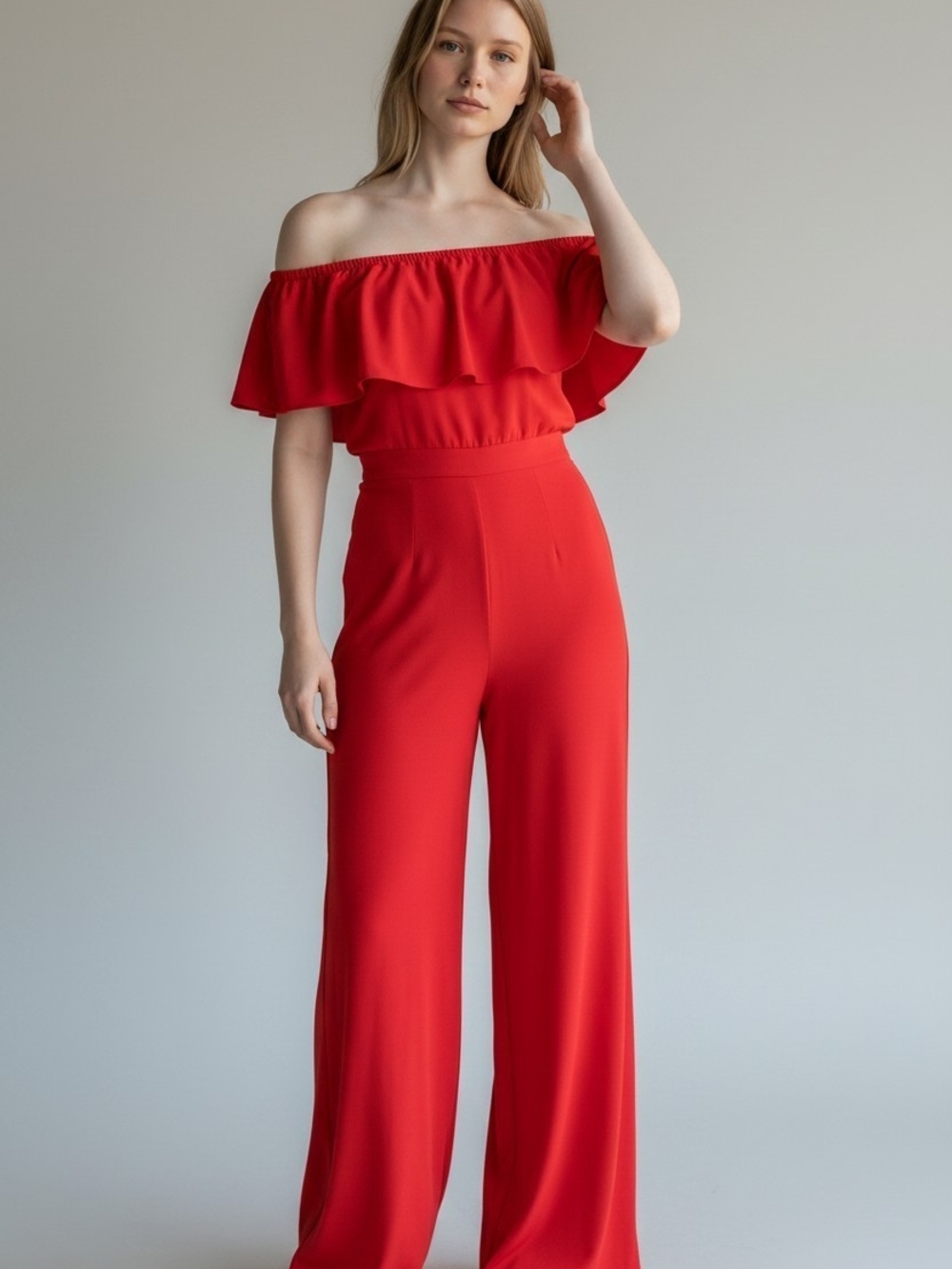 Amanda Uprichard Red Off-Shoulder Ruffle Wide-Leg Jumpsuit